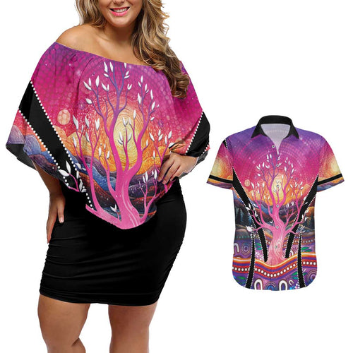 NAIDOC Week 2026 Couples Matching Off Shoulder Short Dress and Hawaiian Shirt Eternal Spirit Tree
