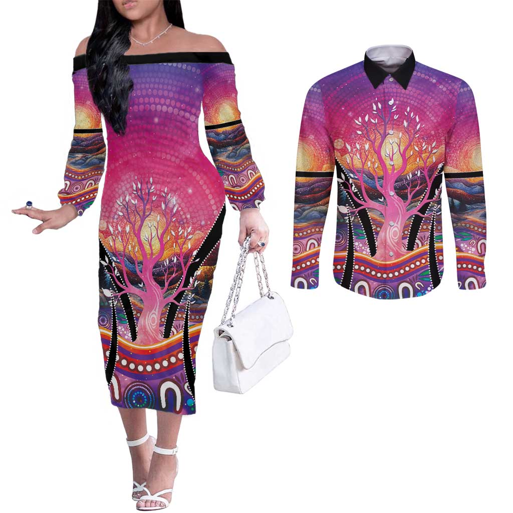NAIDOC Week 2026 Couples Matching Off The Shoulder Long Sleeve Dress and Long Sleeve Button Shirt Eternal Spirit Tree