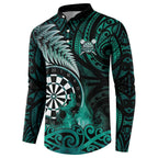 Personalised New Zealand Darts Button Sweatshirt Maori Koru Dartboard Turquoise Flame