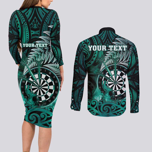 Personalised New Zealand Darts Couples Matching Long Sleeve Bodycon Dress and Long Sleeve Button Shirt Maori Koru Dartboard Turquoise Flame