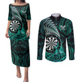 Personalised New Zealand Darts Couples Matching Puletasi and Long Sleeve Button Shirt Maori Koru Dartboard Turquoise Flame