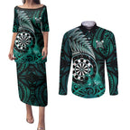Personalised New Zealand Darts Couples Matching Puletasi and Long Sleeve Button Shirt Maori Koru Dartboard Turquoise Flame