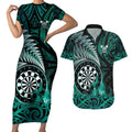Personalised New Zealand Darts Couples Matching Short Sleeve Bodycon Dress and Hawaiian Shirt Maori Koru Dartboard Turquoise Flame