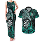 Personalised New Zealand Darts Couples Matching Tank Maxi Dress and Hawaiian Shirt Maori Koru Dartboard Turquoise Flame