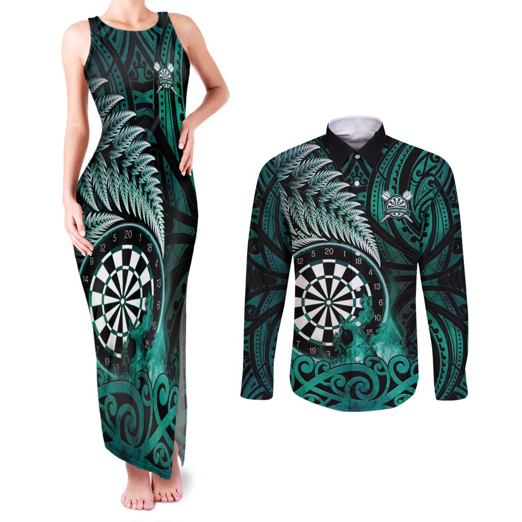 Personalised New Zealand Darts Couples Matching Tank Maxi Dress and Long Sleeve Button Shirt Maori Koru Dartboard Turquoise Flame