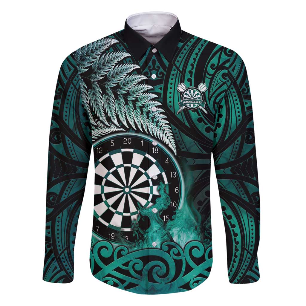 Personalised New Zealand Darts Family Matching Long Sleeve Bodycon Dress and Hawaiian Shirt Maori Koru Dartboard Turquoise Flame