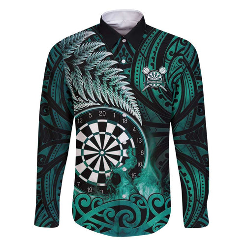 Personalised New Zealand Darts Family Matching Long Sleeve Bodycon Dress and Hawaiian Shirt Maori Koru Dartboard Turquoise Flame