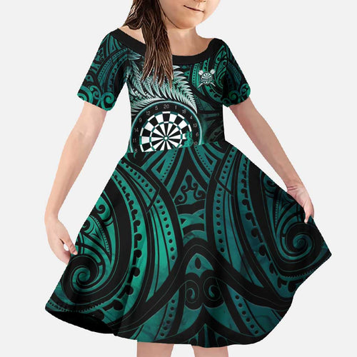 Personalised New Zealand Darts Family Matching Mermaid Dress and Hawaiian Shirt Maori Koru Dartboard Turquoise Flame