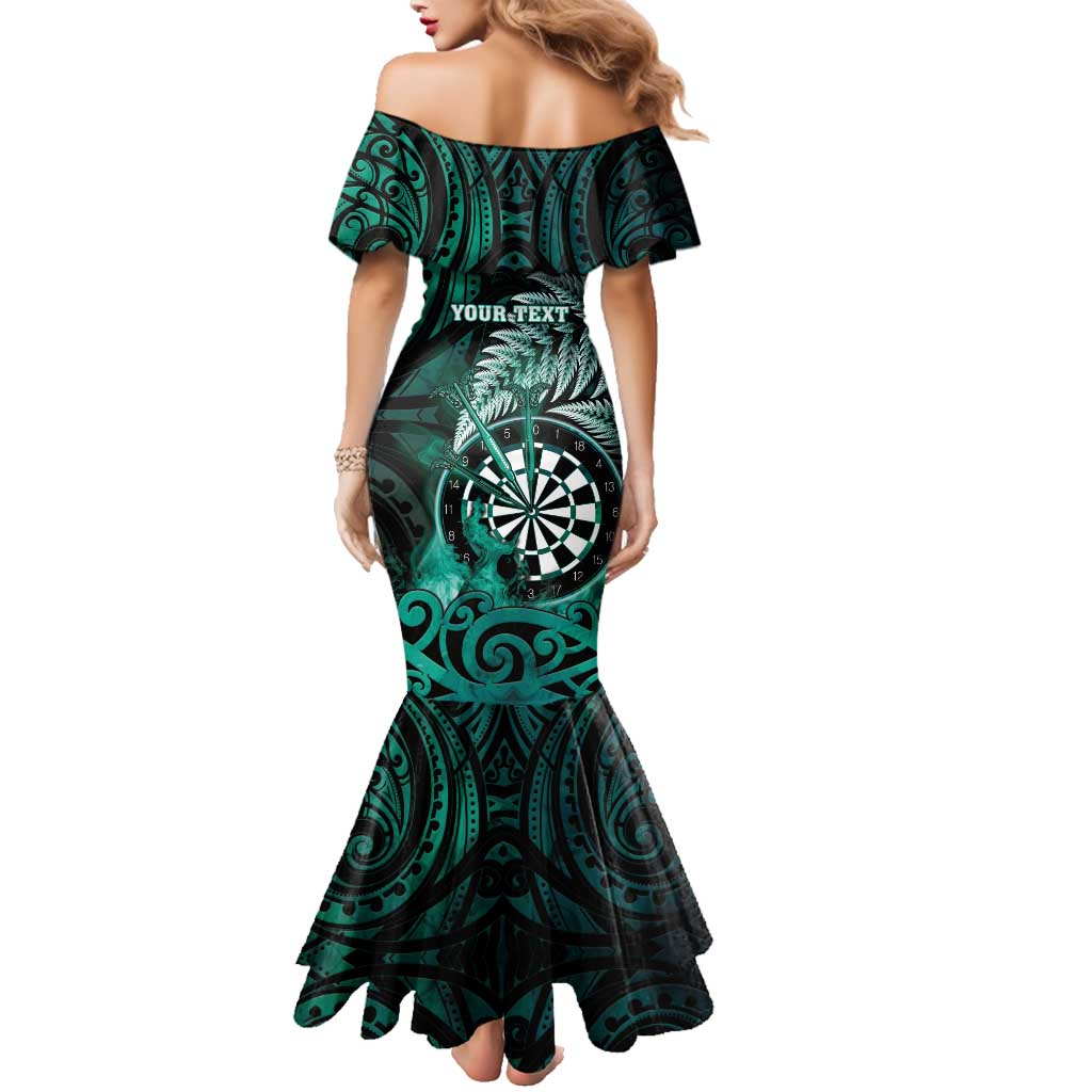 Personalised New Zealand Darts Family Matching Mermaid Dress and Hawaiian Shirt Maori Koru Dartboard Turquoise Flame