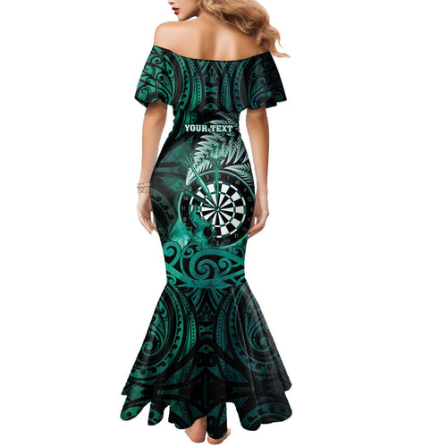 Personalised New Zealand Darts Family Matching Mermaid Dress and Hawaiian Shirt Maori Koru Dartboard Turquoise Flame