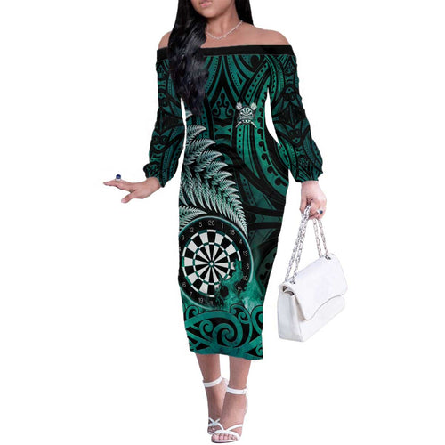 Personalised New Zealand Darts Family Matching Off The Shoulder Long Sleeve Dress and Hawaiian Shirt Maori Koru Dartboard Turquoise Flame