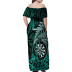Personalised New Zealand Darts Family Matching Off Shoulder Maxi Dress and Hawaiian Shirt Maori Koru Dartboard Turquoise Flame
