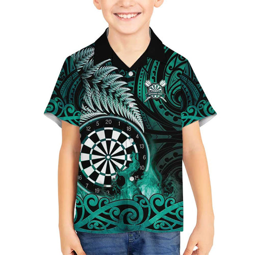 Personalised New Zealand Darts Family Matching Off Shoulder Maxi Dress and Hawaiian Shirt Maori Koru Dartboard Turquoise Flame