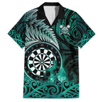Personalised New Zealand Darts Family Matching Off Shoulder Short Dress and Hawaiian Shirt Maori Koru Dartboard Turquoise Flame