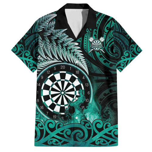 Personalised New Zealand Darts Family Matching Off Shoulder Short Dress and Hawaiian Shirt Maori Koru Dartboard Turquoise Flame