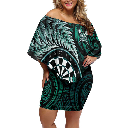 Personalised New Zealand Darts Family Matching Off Shoulder Short Dress and Hawaiian Shirt Maori Koru Dartboard Turquoise Flame