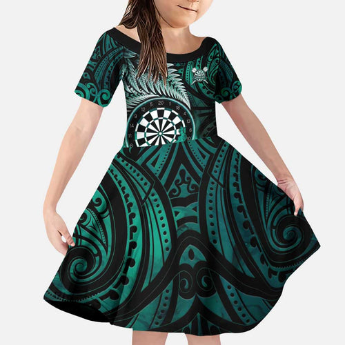 Personalised New Zealand Darts Family Matching Puletasi and Hawaiian Shirt Maori Koru Dartboard Turquoise Flame