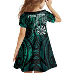 Personalised New Zealand Darts Family Matching Puletasi and Hawaiian Shirt Maori Koru Dartboard Turquoise Flame