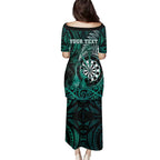 Personalised New Zealand Darts Family Matching Puletasi and Hawaiian Shirt Maori Koru Dartboard Turquoise Flame