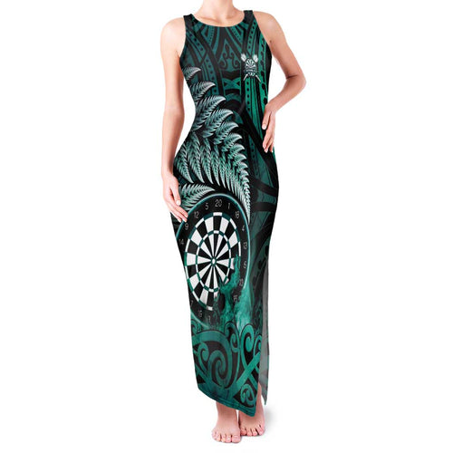 Personalised New Zealand Darts Family Matching Tank Maxi Dress and Hawaiian Shirt Maori Koru Dartboard Turquoise Flame