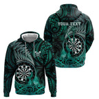 Personalised New Zealand Darts Hoodie Maori Koru Dartboard Turquoise Flame