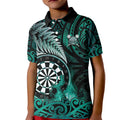 Personalised New Zealand Darts Kid Polo Shirt Maori Koru Dartboard Turquoise Flame