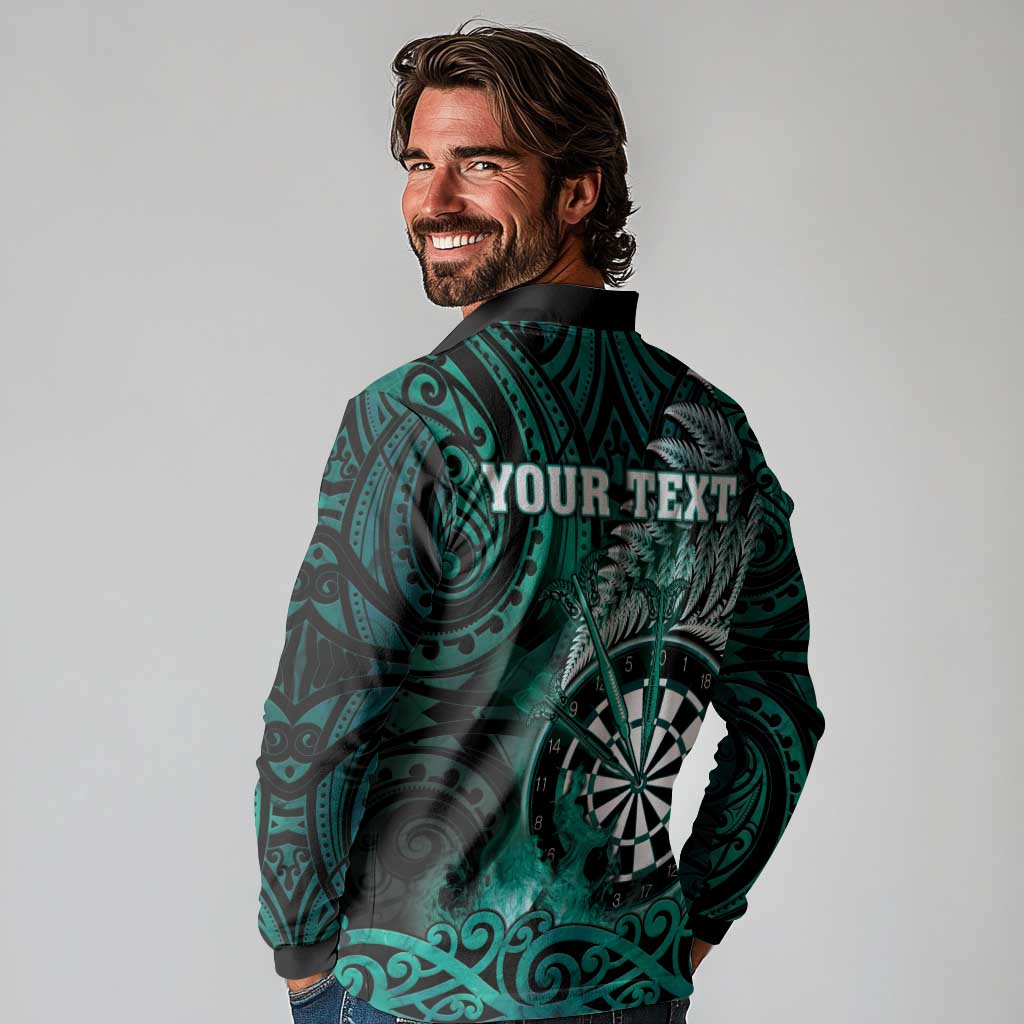Personalised New Zealand Darts Long Sleeve Polo Shirt Maori Koru Dartboard Turquoise Flame