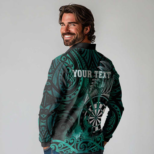 Personalised New Zealand Darts Long Sleeve Polo Shirt Maori Koru Dartboard Turquoise Flame