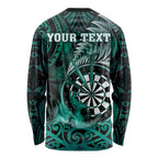 Personalised New Zealand Darts Long Sleeve Shirt Maori Koru Dartboard Turquoise Flame
