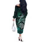 Personalised New Zealand Darts Off The Shoulder Long Sleeve Dress Maori Koru Dartboard Turquoise Flame