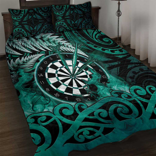 New Zealand Darts Quilt Bed Set Maori Koru Dartboard Turquoise Flame