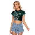 Personalised New Zealand Darts Raglan Cropped T Shirt Maori Koru Dartboard Turquoise Flame