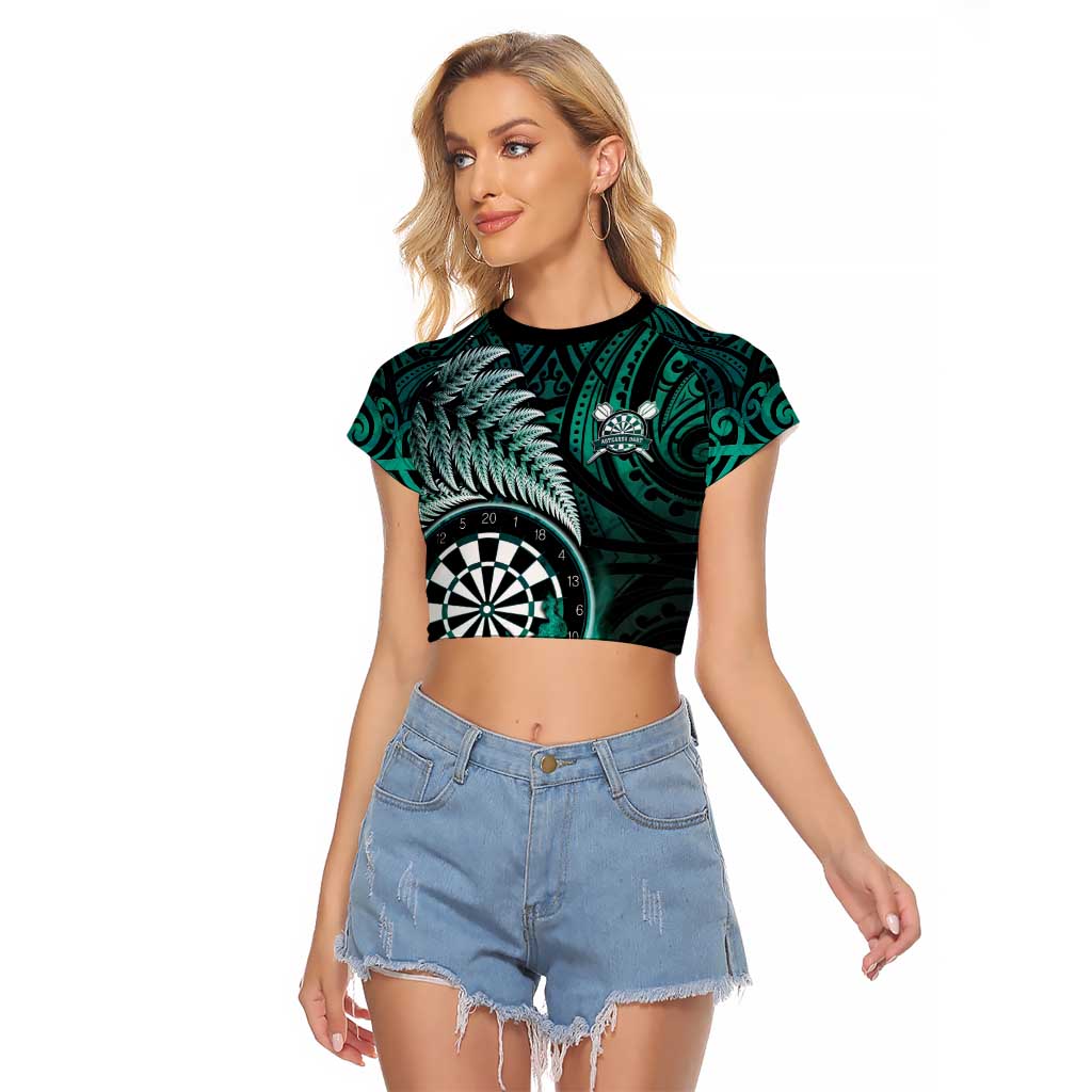 Personalised New Zealand Darts Raglan Cropped T Shirt Maori Koru Dartboard Turquoise Flame