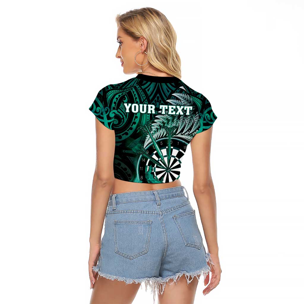 Personalised New Zealand Darts Raglan Cropped T Shirt Maori Koru Dartboard Turquoise Flame