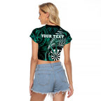 Personalised New Zealand Darts Raglan Cropped T Shirt Maori Koru Dartboard Turquoise Flame