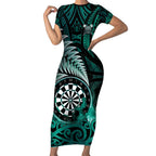 Personalised New Zealand Darts Short Sleeve Bodycon Dress Maori Koru Dartboard Turquoise Flame