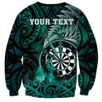 Personalised New Zealand Darts Sweatshirt Maori Koru Dartboard Turquoise Flame