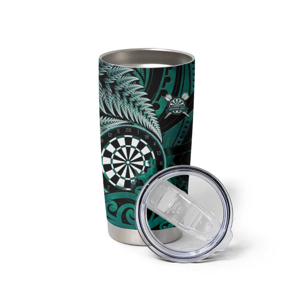 Personalised New Zealand Darts Tumbler Cup Maori Koru Dartboard Turquoise Flame