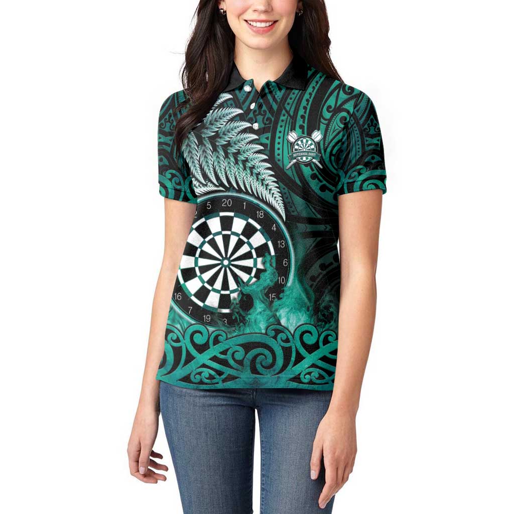 Personalised New Zealand Darts Women Polo Shirt Maori Koru Dartboard Turquoise Flame