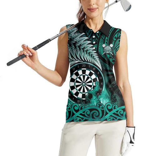 Personalised New Zealand Darts Women Sleeveless Polo Shirt Maori Koru Dartboard Turquoise Flame