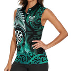 Personalised New Zealand Darts Women Sleeveless Polo Shirt Maori Koru Dartboard Turquoise Flame
