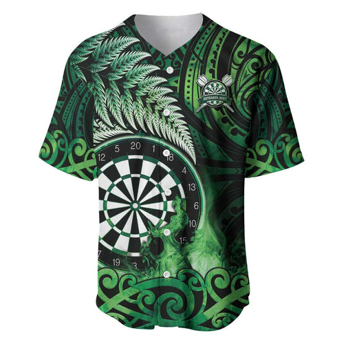 Personalised New Zealand Darts Baseball Jersey Maori Koru Dartboard Green Flame