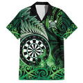 Personalised New Zealand Darts Family Matching Long Sleeve Bodycon Dress and Hawaiian Shirt Maori Koru Dartboard Green Flame