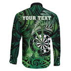 Personalised New Zealand Darts Family Matching Off The Shoulder Long Sleeve Dress and Hawaiian Shirt Maori Koru Dartboard Green Flame