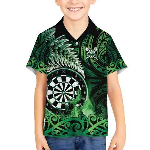 Personalised New Zealand Darts Family Matching Off The Shoulder Long Sleeve Dress and Hawaiian Shirt Maori Koru Dartboard Green Flame