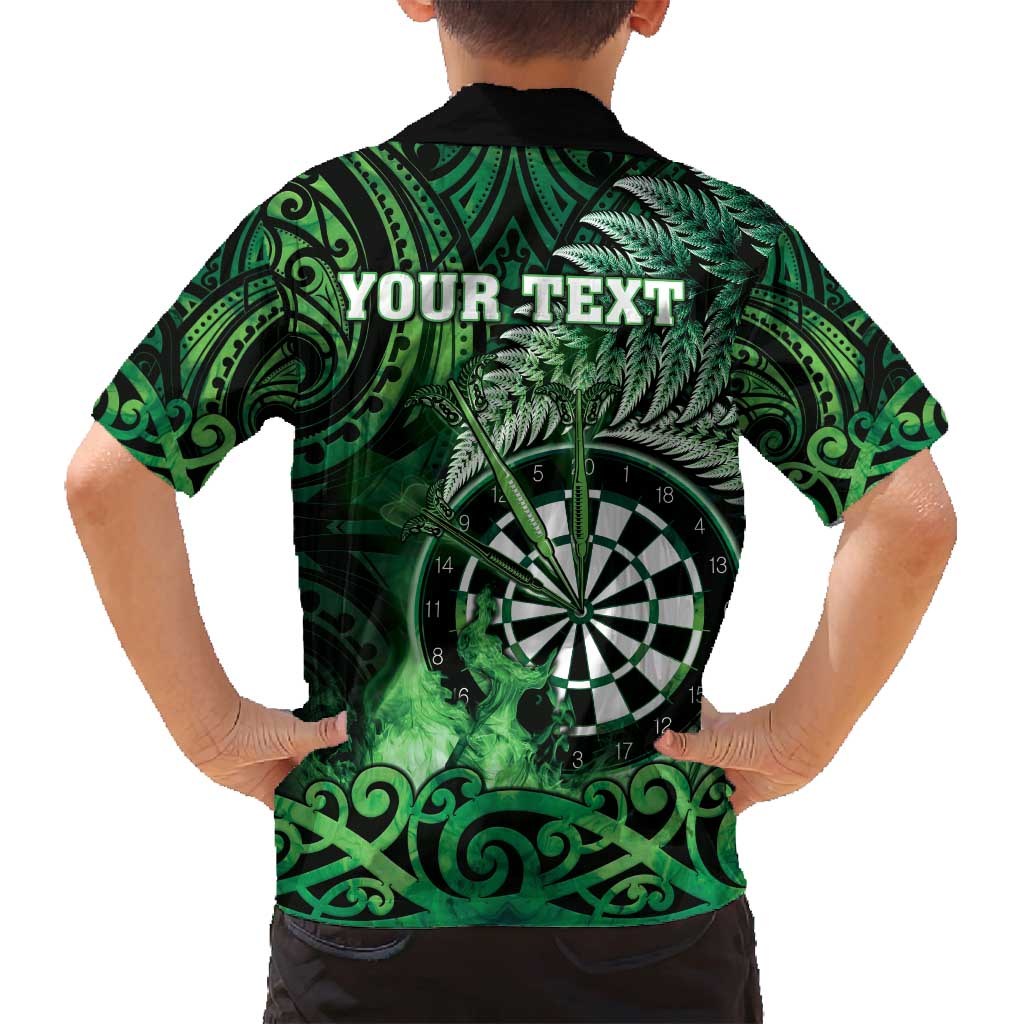 Personalised New Zealand Darts Family Matching Off Shoulder Maxi Dress and Hawaiian Shirt Maori Koru Dartboard Green Flame