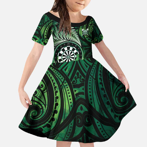 Personalised New Zealand Darts Family Matching Off Shoulder Maxi Dress and Hawaiian Shirt Maori Koru Dartboard Green Flame