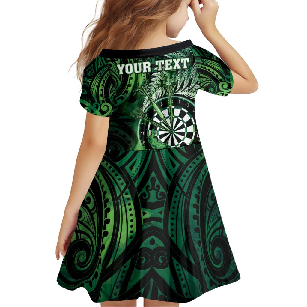 Personalised New Zealand Darts Family Matching Off Shoulder Short Dress and Hawaiian Shirt Maori Koru Dartboard Green Flame