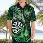 Personalised New Zealand Darts Hawaiian Shirt Maori Koru Dartboard Green Flame