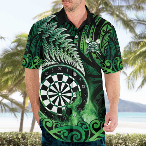 Personalised New Zealand Darts Hawaiian Shirt Maori Koru Dartboard Green Flame